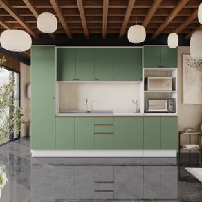 Cozinha Modulada Celeste Kappesberg 100% MDF Branco/Verde 300cm