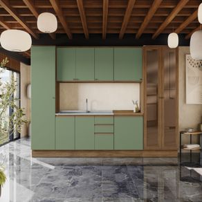 Cozinha Modulada Celeste Kappesberg 100% MDF Nogueira/Verde Oliva 302cm