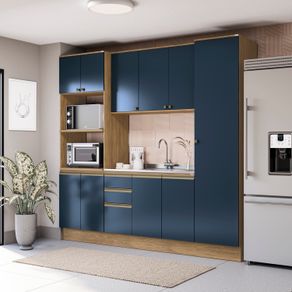 Cozinha Compacta Celeste Kappesberg 100% MDF Nogueira/Azul 240cm